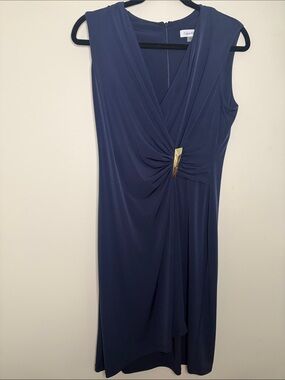 Calvin Klein Navy Faux-Wrap Midi Dress with Gold Detail